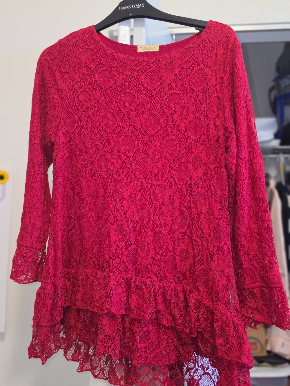 Women's Deep Red Lace Ruffle Hem Tunic by Nuggles